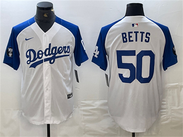 Los Angeles Dodgers #50 Mookie Betts White Blue Vin Patch Cool Base Stitched Jersey - Click Image to Close